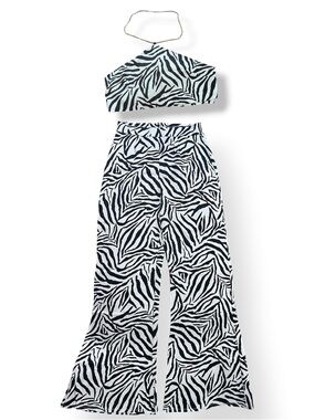 Fashion Nova Black & White Zebra Wide Leg Pants With Matching Tie Top